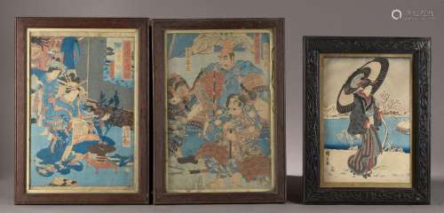 JAPON - XIXe siècle.<br />
Ensemble de trois estampes encadr...