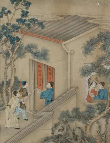 CHINE - XIXe siècle.<br />
Scène de palais. <br />
Encre, aq...