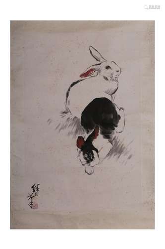 Liu JishaoBlack and white double rabbit picture mirror heart