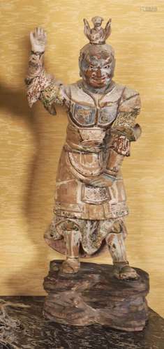 STATUE de gardien de Temple en bois polychrome. JAPON, XIXe ...