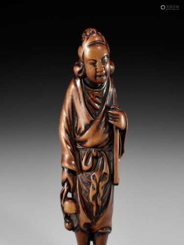 【†】 A SUPERB TALL WOOD NETSUKE OF SEIOBO