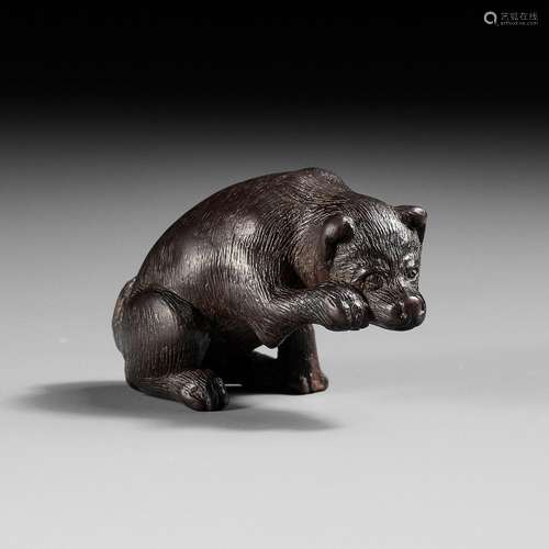 【†】 A RARE DARK WOOD NETSUKE OF A DOG SCRATCHING ITS JOWL