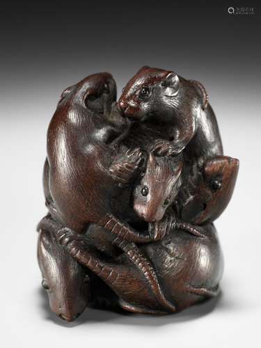 ITTAN: A SUPERB WOOD NETSUKE OF SEVEN RATS IN A PYRAMID