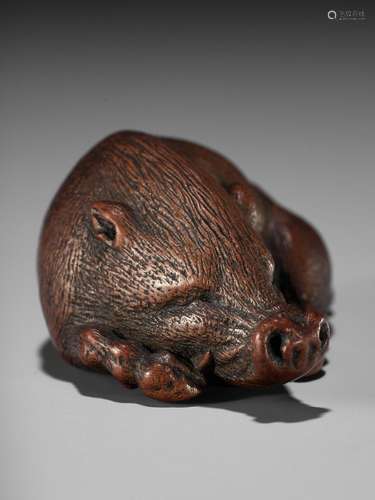 ITTAN: A SUPERB WOOD NETSUKE OF A LONG-SNOUTED WILD BOAR