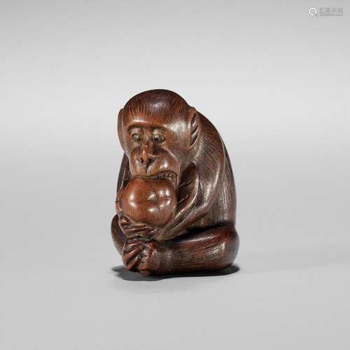 A WOOD NETSUKE OF A MONKEY EATING A PERSIMMON (KAKI)