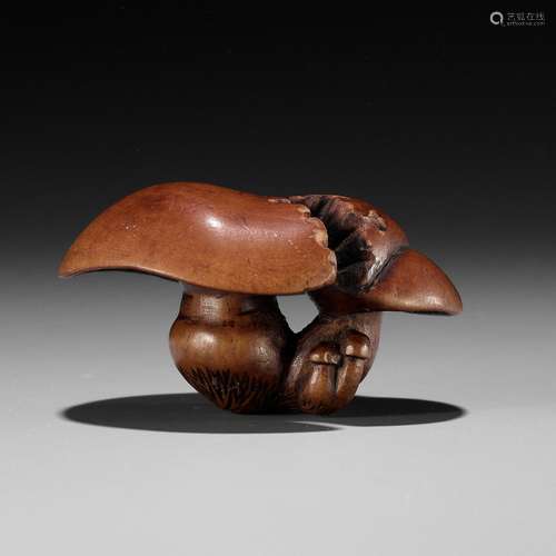 A FINE NAGOYA SCHOOL WOOD NETSUKE OF SHIMEJI MUSHROOMS