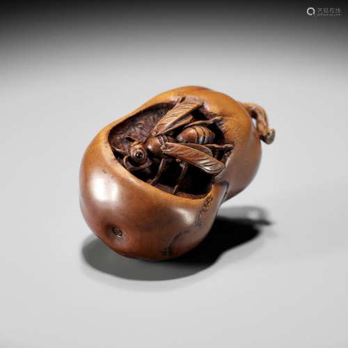 A FINE NAGOYA SCHOOL WOOD NETSUKE OF A WASP INSIDE A ROTTEN ...