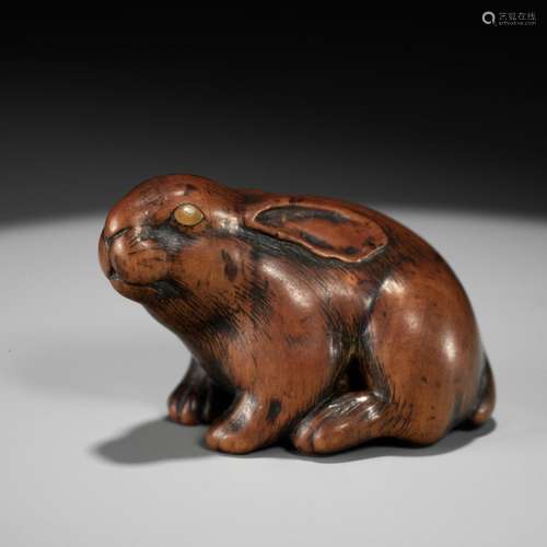 【†】 MASAKATSU: A SUPERB WOOD NETSUKE OF A PIEBALD HARE WITH ...