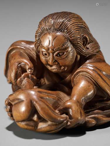 MINKO: A WOOD NETSUKE OF YOJO STABBING THE KING’S CLOAK