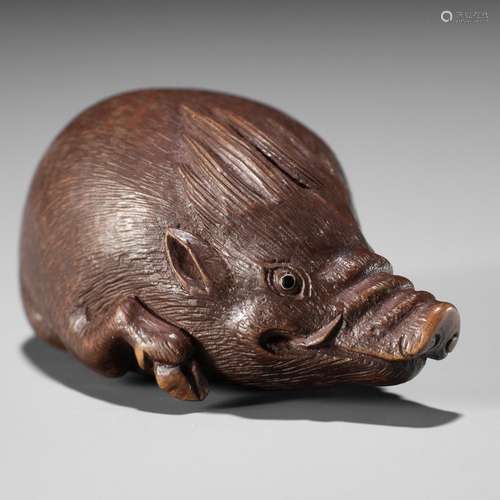 SHOTO: A SUPERB WOOD NETSUKE OF A WILD BOAR