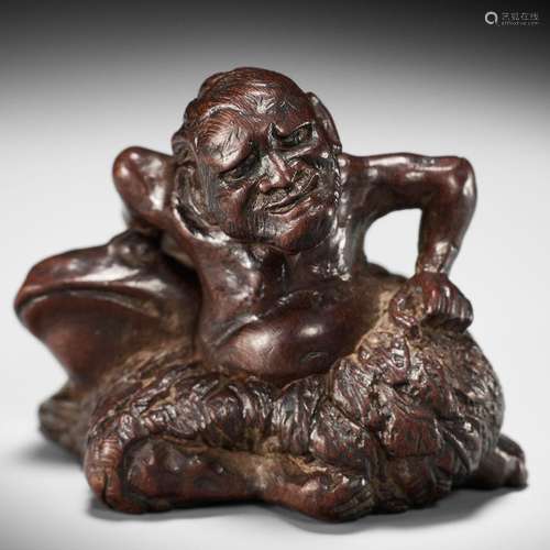 MIWA KATSUSUKE: A SUPERB WOOD NETSUKE OF GAMA SENNIN WITH HU...