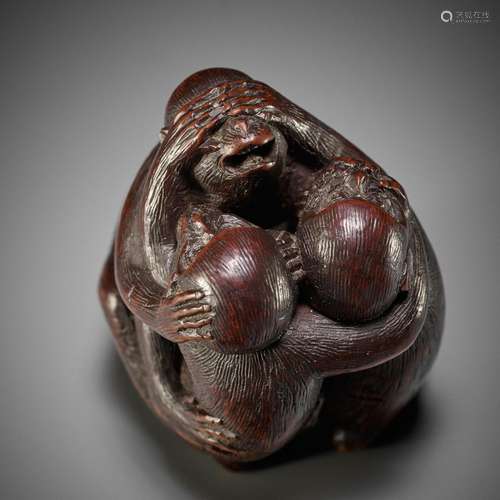 SHUGETSU: A FINE WOOD NETSUKE OF THE SAMBIKI SARU (THREE WIS...