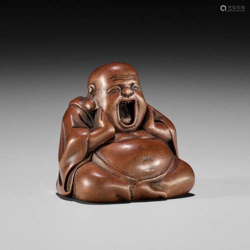 MIWA: A CHARMING WOOD NETSUKE OF HOTEI YAWNING