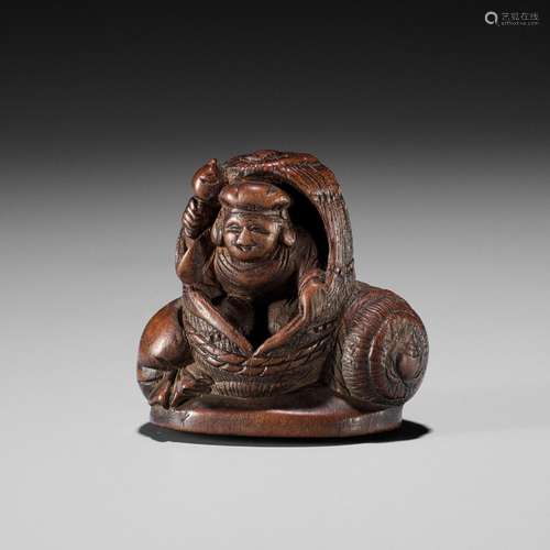 MIWA: A CHARMING WOOD NETSUKE OF DAIKOKU EMERGING FROM A RIC...