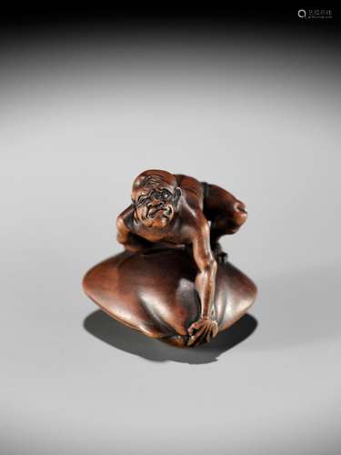 GYOKUZAN: A MASTERFUL MINIATURE WOOD NETSUKE OF A BLINDMAN B...