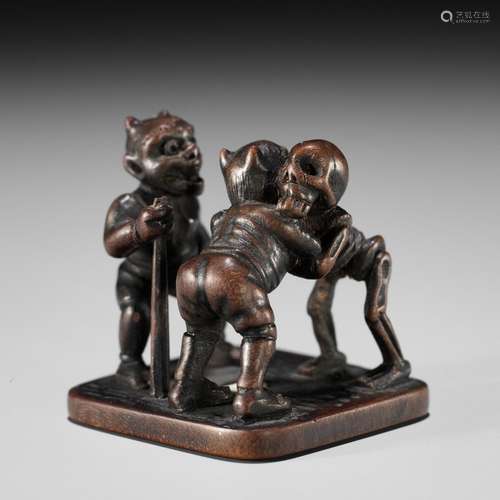 A RARE AND VERY FINE MINIATURE WOOD OKIMONO NETSUKE OF TWO O...