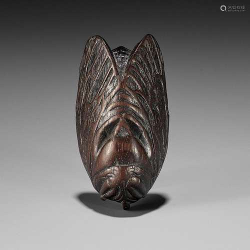 A RARE AND UNUSUAL WOOD MASK NETSUKE OF A CICADA