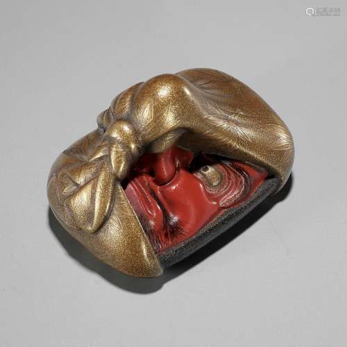 AN EXCEPTIONAL LACQUER NETSUKE OF A KONOHA TENGU MASK WRAPPE...