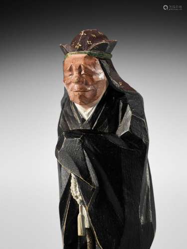 MORIKAWA TOEN: AN EXCEPTIONAL PAINTED WOOD NETSUKE OF AN ACT...