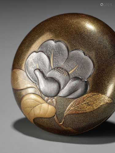【†】 A VERY FINE LACQUER MANJU NETSUKE WITH BLOSSOMING UME (P...