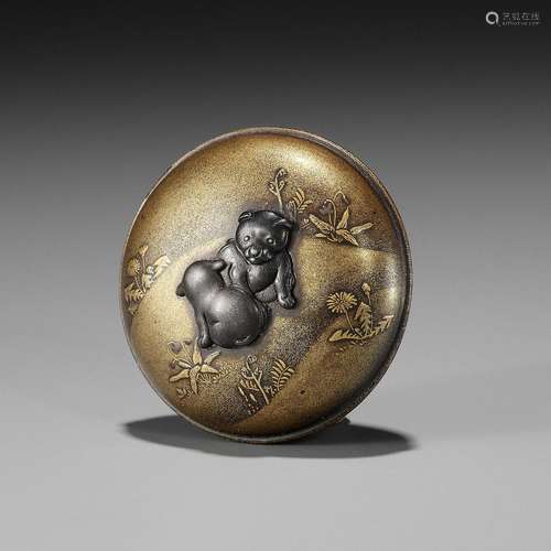 KAKOSAI: A RARE METAL-INLAID LACQUER MANJU NETSUKE WITH PUPP...