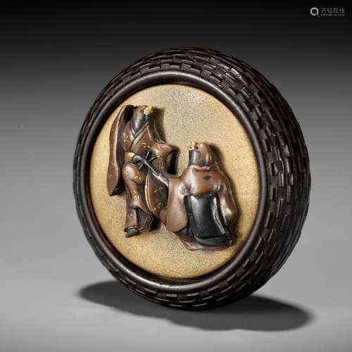 AN UNUSUAL WOOD, GOLD LACQUER AND MIXED METAL KAGAMIBUTA WIT...