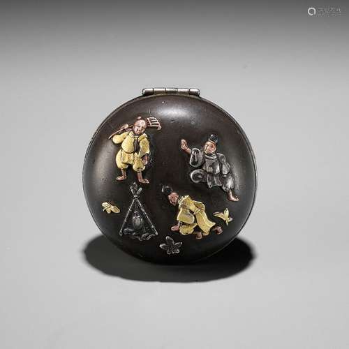 A RARE MIXED METAL MANJU NETSUKE WITH ASTROLOGICAL ZODIAC CO...