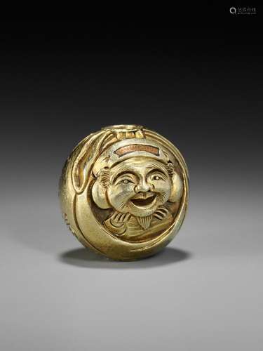 KATSUHIRA: A RARE GOLD OJIME DEPICTING DAIKOKU INSIDE HIS SA...