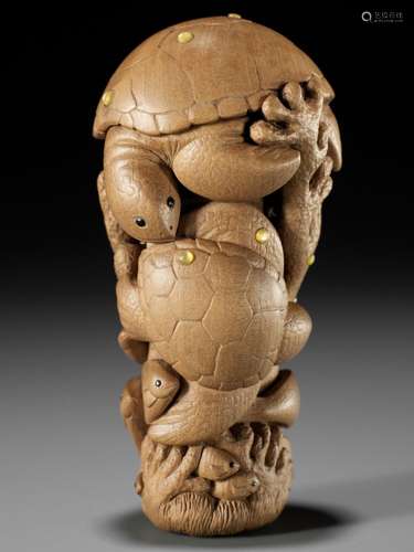 DOUG MARSDEN: AN INLAID WOOD NETSUKE OF TURTLES AND OTHER MA...