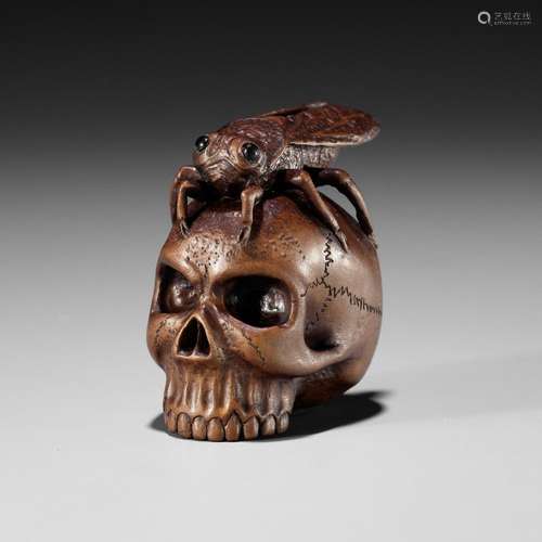 ALEXANDER DERKACHENKO: A WOOD NETSUKE OF A CICADA ON A SKULL