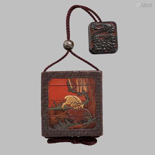 A VERY RARE RYUKYU LACQUER THREE-CASE INRO DEPICTING FIGHTIN...