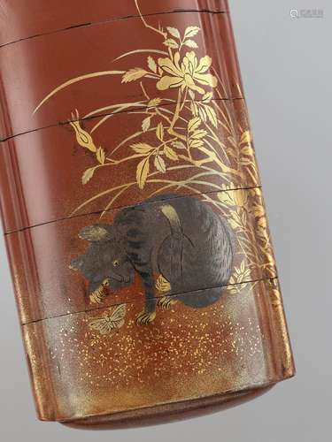 TATSUKE KOKOSAI: A RARE LACQUER FOUR-CASE INRO DEPICTING A C...