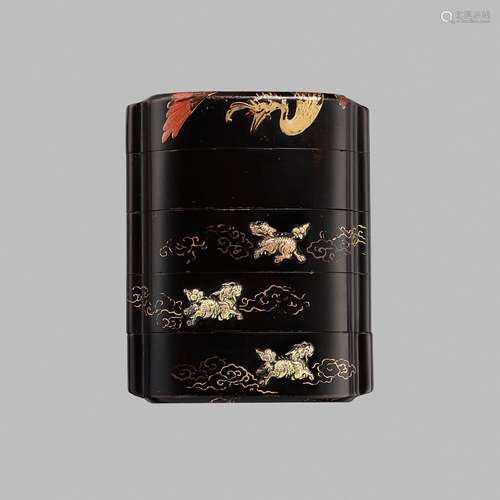 SHUNSHO: A VERY RARE GILT- INLAID LACQUER FOUR-CASE INRO WIT...