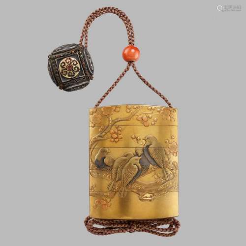 JOKASAI: A FINE GOLD LACQUER FOUR-CASE INRO WITH PIGEONS IN ...