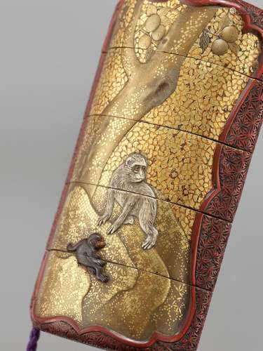 AN UNUSUAL INLAID GOLD LACQUER AND TSUISHU FOUR-CASE INRO WI...