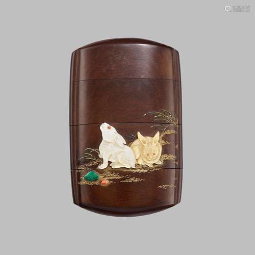 AN EXQUISITE INLAID WOOD THREE-CASE INRO DEPICTING RABBITS