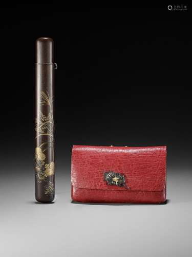 A LACQUER KISERUZUTSU AND A RED LEATHER POUCH DEPICTING AUTU...