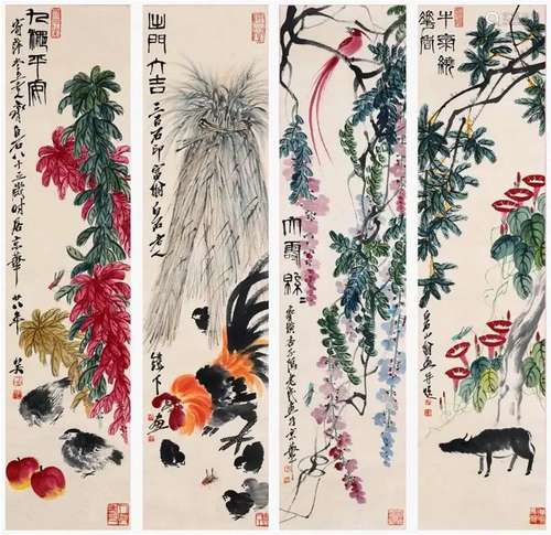 Four Pages of Chinese Scroll Painting By Qi Baishi