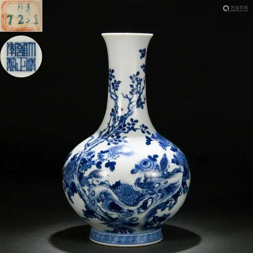 A Chinese Blue and White Flower and Bird Bottle Vase