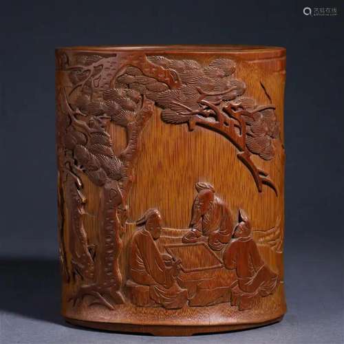 A Chinese Carved Bamboo Figural Story Brushpot