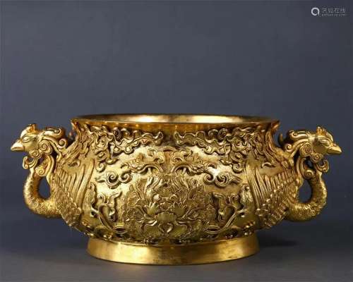A Chinese Bronze-gilt Phoenix Censer
