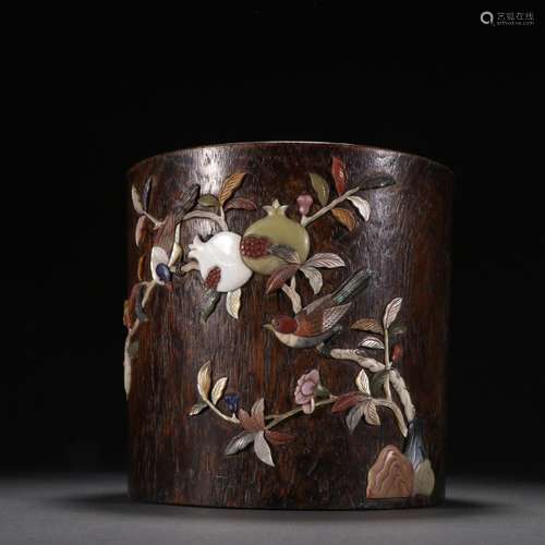 Agarwood Inlaid with Hundred Treasures and Many Sons and Man...