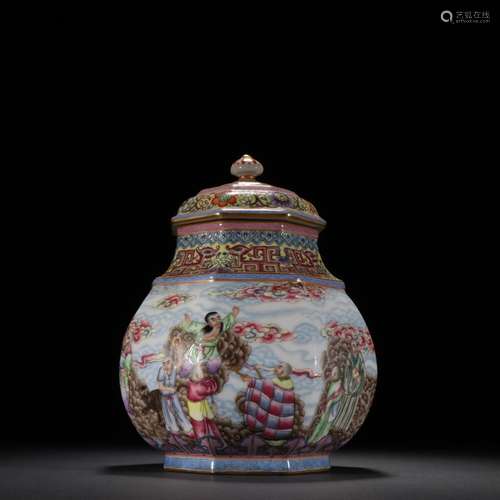 Pastel painted gold eighteen arhats cover jar