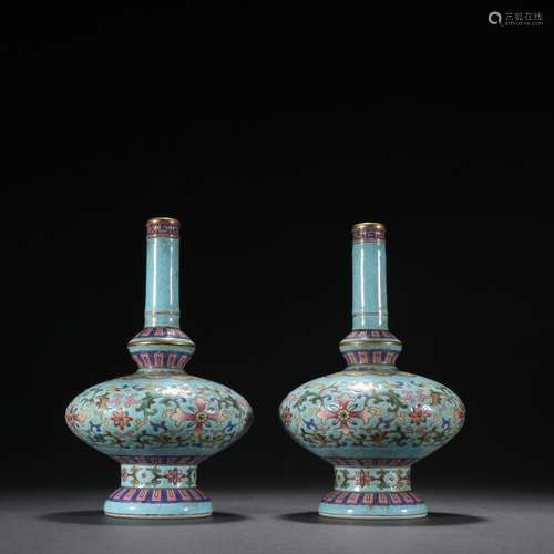 Pair of Turquoise Glazed Pastel Flower Vases