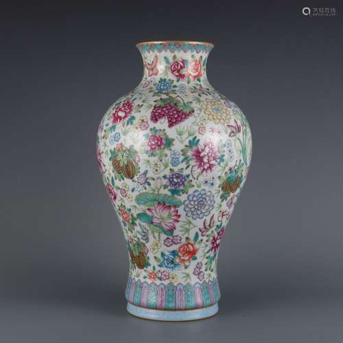 Plum vase with pastel melon, fruit and flower pattern