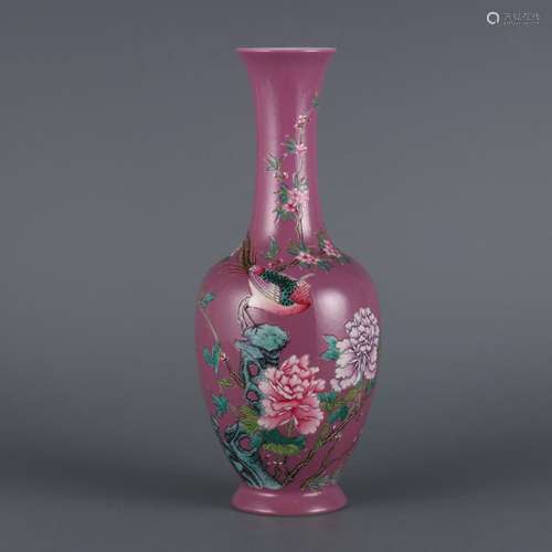 Small vase with carmine pink flower and bird pattern