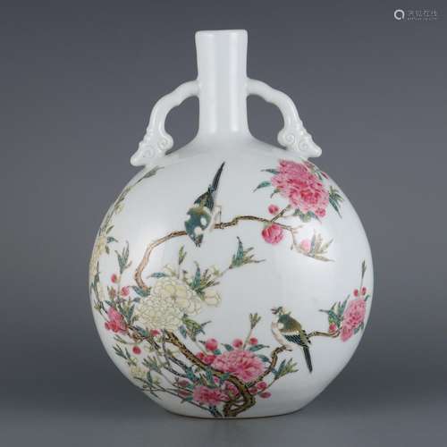 Pastel flower and bird pattern ruyi ear flat bottle