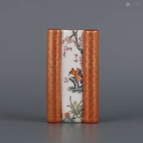 Alum-red base with gold-opened window scroll with flower and...