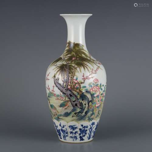 Blue and white color vase with golden pheasant and peony pat...