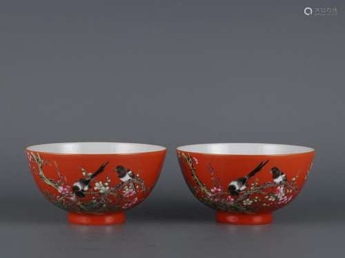 A pair of pastel bowls with red background and happy eyebrow...